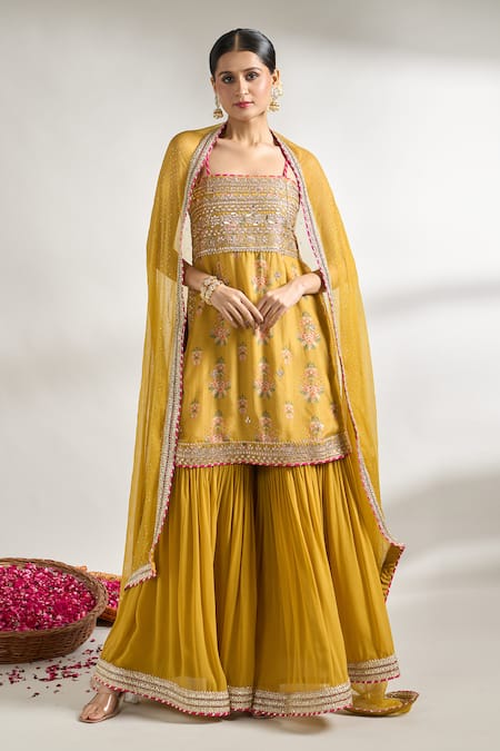 Buy Gopi Vaid Yellow Cotton, Silk, Chiffon Gota Patti, Bloom Print Kurta Sharara Set at Aza Fashions Buy_Gopi Vaid_Yellow Cotton, Silk, Chiffon Gota Patti, Bloom Print Kurta Sharara Set _at_Aza_Fashions