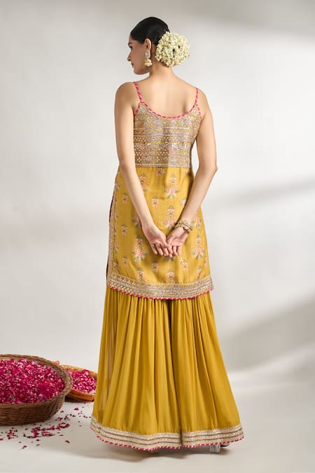 Shop Gopi Vaid Yellow Cotton, Silk, Chiffon Gota Patti, Bloom Print Kurta Sharara Set at Aza Fashions Shop_Gopi Vaid_Yellow Cotton, Silk, Chiffon Gota Patti, Bloom Print Kurta Sharara Set _at_Aza_Fashions