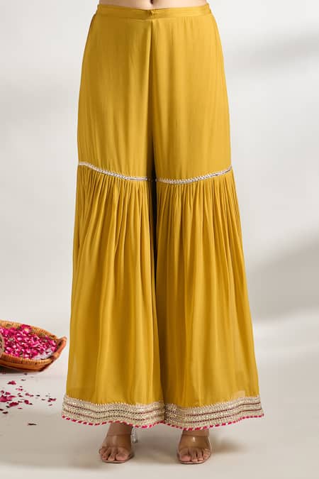 Buy Gopi Vaid Yellow Cotton, Silk, Chiffon Gota Patti, Bloom Print Kurta Sharara Set Online at Aza Fashions Buy_Gopi Vaid_Yellow Cotton, Silk, Chiffon Gota Patti, Bloom Print Kurta Sharara Set _Online_at_Aza_Fashions