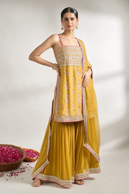 Gopi Vaid Yellow Cotton, Silk, Chiffon Gota Patti, Bloom Print Kurta Sharara Set at Aza Fashions Gopi Vaid_Yellow Cotton, Silk, Chiffon Gota Patti, Bloom Print Kurta Sharara Set _at_Aza_Fashions