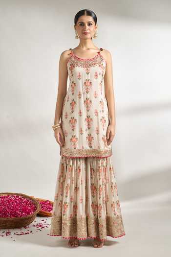 Gopi Vaid_Ivory Cotton, Silk, Chiffon Embroidery, Bloom Print Strappy Kurta Sharara Set _Online_at_Aza_Fashions