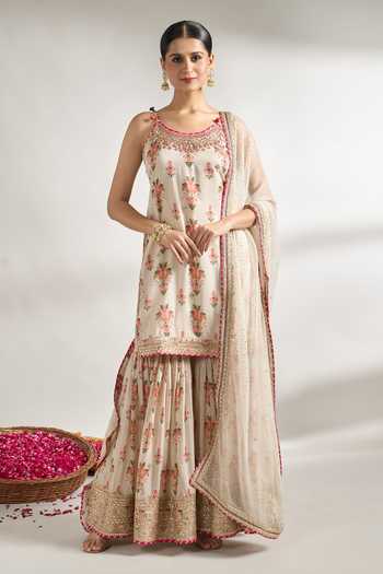Buy_Gopi Vaid_Ivory Cotton, Silk, Chiffon Embroidery, Bloom Print Strappy Kurta Sharara Set _Online_at_Aza_Fashions