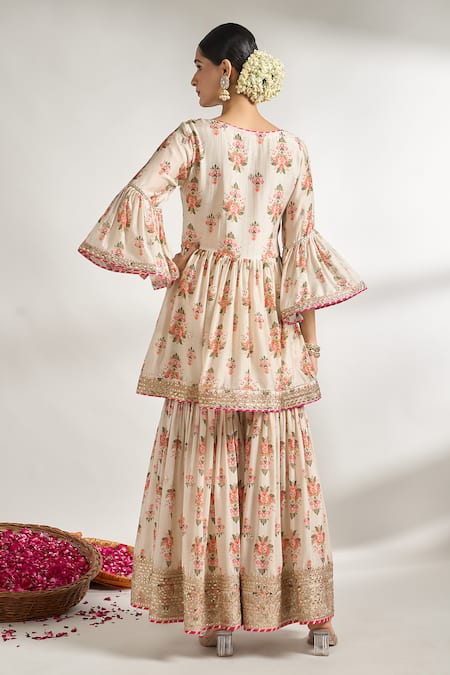 Shop_Gopi Vaid_Ivory Cotton, Silk, Net Gota Patti, Sequins, Zari, Printed Peplum Kurta Set _at_Aza_Fashions