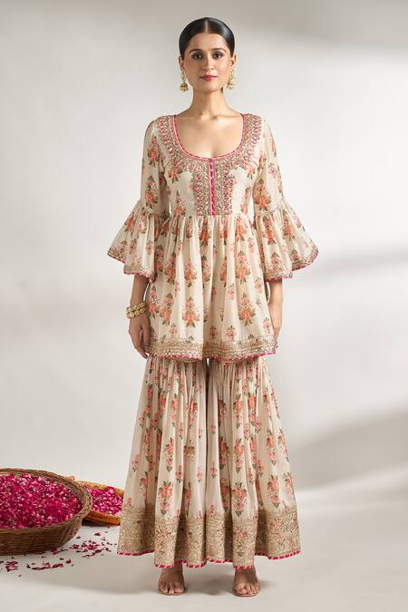 Gopi Vaid_Ivory Cotton, Silk, Net Gota Patti, Sequins, Zari, Printed Peplum Kurta Set _Online_at_Aza_Fashions