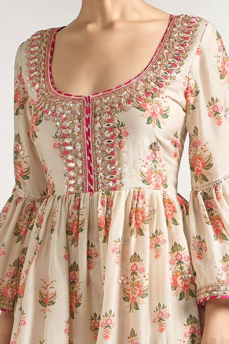 Buy_Gopi Vaid_Ivory Cotton, Silk, Net Gota Patti, Sequins, Zari, Printed Peplum Kurta Set _Online_at_Aza_Fashions