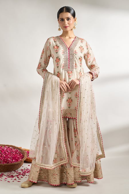 Gopi Vaid Ivory Kurta And Sharara Cotton Silk Printed Floral Jaal V Neck Set 