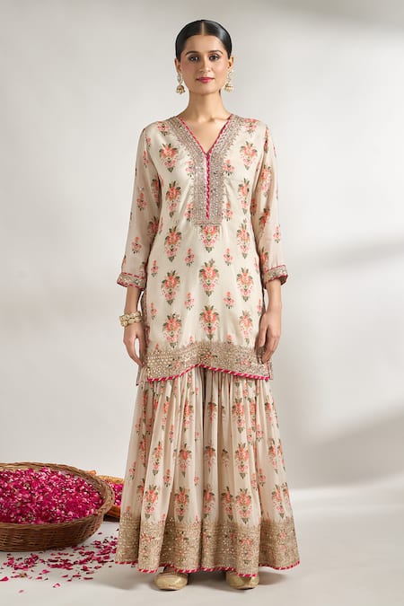 Gopi Vaid_Ivory Cotton, Silk, Net Gota Patti, Embroidery Floral Jaal Print Kurta Set _Online_at_Aza_Fashions