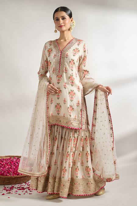 Buy_Gopi Vaid_Ivory Cotton, Silk, Net Gota Patti, Embroidery Floral Jaal Print Kurta Set _Online_at_Aza_Fashions