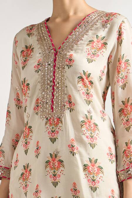 Shop_Gopi Vaid_Ivory Cotton, Silk, Net Gota Patti, Embroidery Floral Jaal Print Kurta Set _Online_at_Aza_Fashions