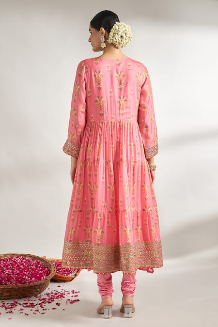 Shop_Gopi Vaid_Pink Cotton, Silk, Lycra, Chiffon Embroidery, Gota Flower Print Anarkali Set _at_Aza_Fashions