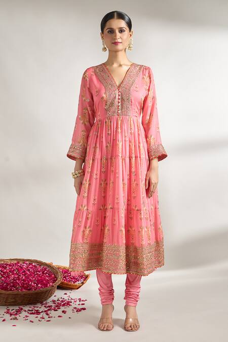 Gopi Vaid_Pink Cotton, Silk, Lycra, Chiffon Embroidery, Gota Flower Print Anarkali Set _Online_at_Aza_Fashions