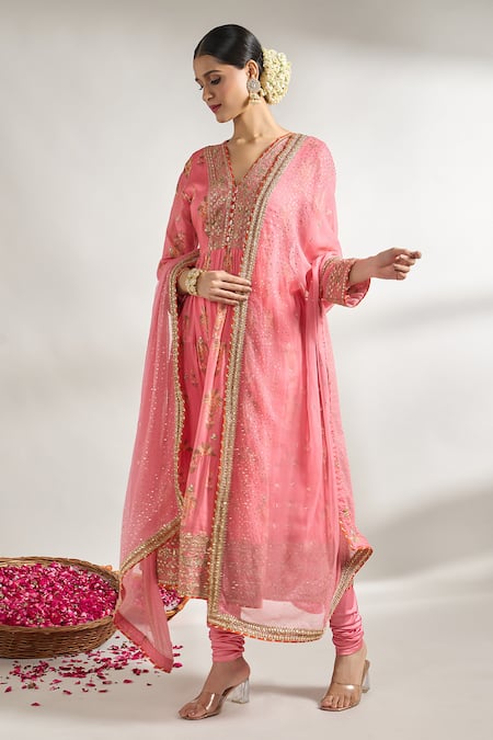 Buy_Gopi Vaid_Pink Cotton, Silk, Lycra, Chiffon Embroidery, Gota Flower Print Anarkali Set _Online_at_Aza_Fashions