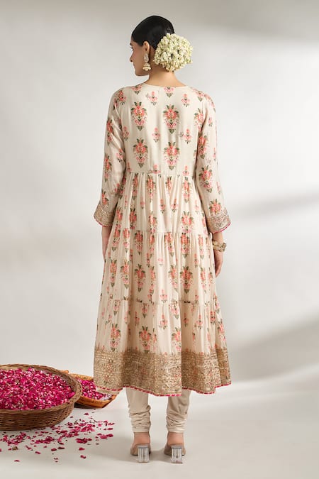Shop_Gopi Vaid_Ivory Cotton, Silk, Lycra, Chiffon Gota Patti, Garden Print Anarkali Set _at_Aza_Fashions
