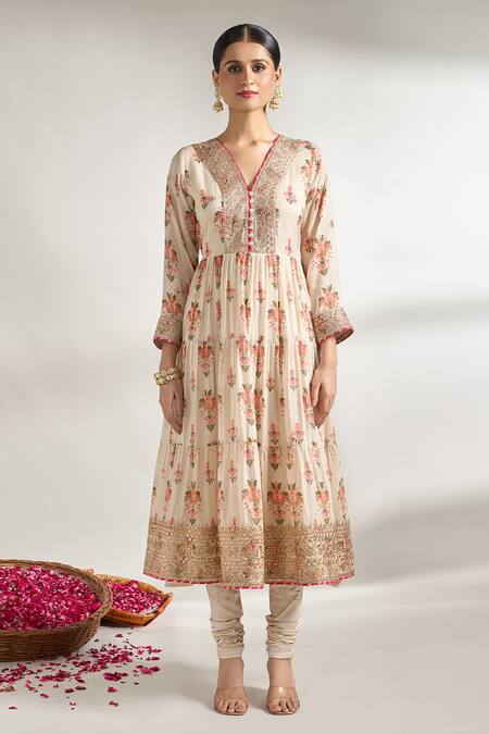 Gopi Vaid_Ivory Cotton, Silk, Lycra, Chiffon Gota Patti, Garden Print Anarkali Set _Online_at_Aza_Fashions