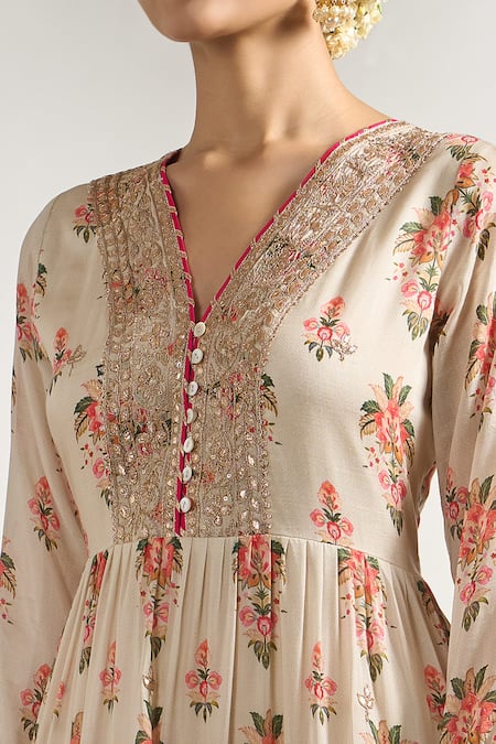 Shop_Gopi Vaid_Ivory Cotton, Silk, Lycra, Chiffon Gota Patti, Garden Print Anarkali Set _Online_at_Aza_Fashions