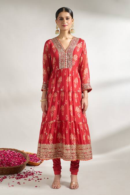 Gopi Vaid_Red Cotton, Silk, Lycra, Chiffon Embroidery, Gota Florette Print Anarkali Set _Online_at_Aza_Fashions