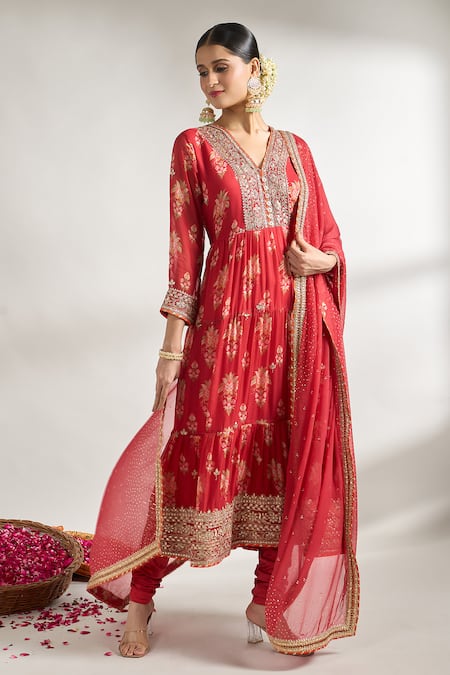 Shop_Gopi Vaid_Red Cotton, Silk, Lycra, Chiffon Embroidery, Gota Florette Print Anarkali Set _Online_at_Aza_Fashions