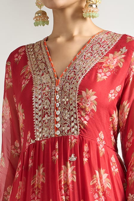 Gopi Vaid_Red Cotton, Silk, Lycra, Chiffon Embroidery, Gota Florette Print Anarkali Set _at_Aza_Fashions