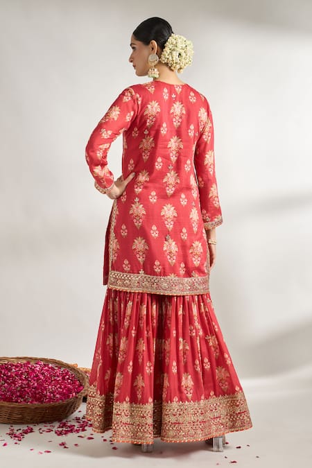 Shop_Gopi Vaid_Red Cotton, Silk, Net Gota Patti, Embroidery V-neck Floral Jaal Print Kurta Set _at_Aza_Fashions
