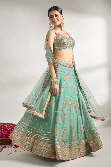 Gopi Vaid_Green Cotton, Silk, Net Embroidery, Zari, Gota Patti, Floral Print Lehenga Set _Online_at_Aza_Fashions