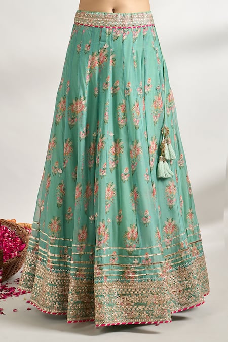 Shop_Gopi Vaid_Green Cotton, Silk, Net Embroidery, Zari, Gota Patti, Floral Print Lehenga Set _Online_at_Aza_Fashions
