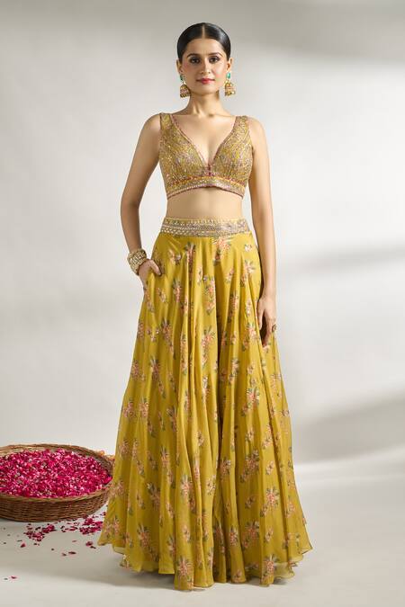 Gopi Vaid_Yellow Cotton, Silk, Net Embroidery, Mirrors, Zari Bloom Print Lehenga Set _Online_at_Aza_Fashions
