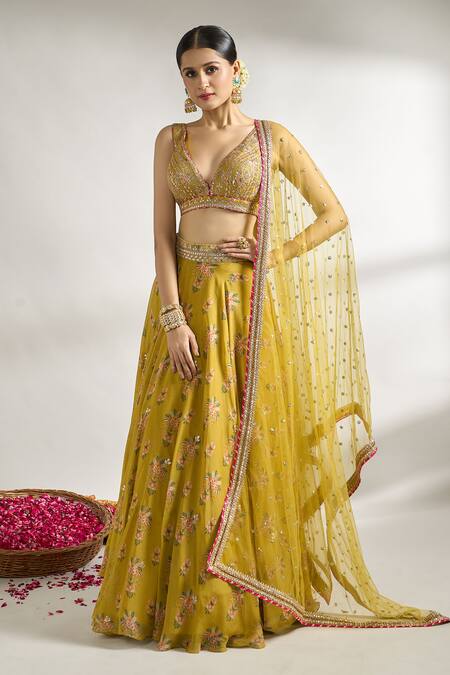 Shop_Gopi Vaid_Yellow Cotton, Silk, Net Embroidery, Mirrors, Zari Bloom Print Lehenga Set _Online_at_Aza_Fashions