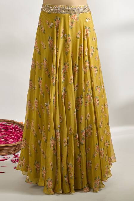 Gopi Vaid_Yellow Cotton, Silk, Net Embroidery, Mirrors, Zari Bloom Print Lehenga Set _at_Aza_Fashions