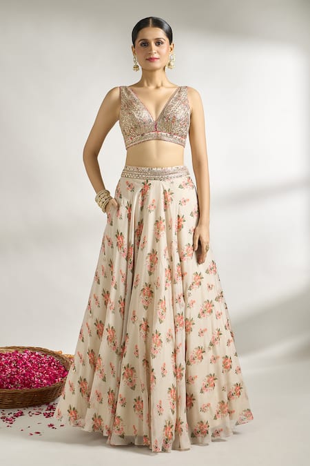 Gopi Vaid_Ivory Cotton, Silk, Net Embroidery, Gota Patti Plunge Floral Pattern Lehenga Set _Online_at_Aza_Fashions