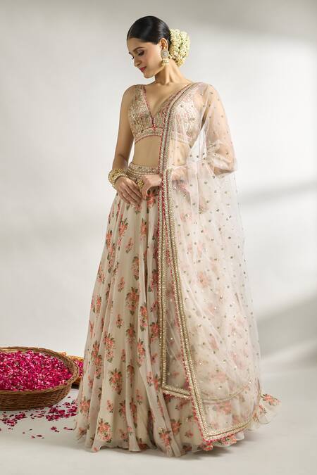 Buy_Gopi Vaid_Ivory Cotton, Silk, Net Embroidery, Gota Patti Plunge Floral Pattern Lehenga Set _Online_at_Aza_Fashions