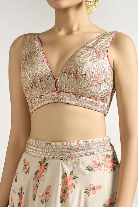 Shop_Gopi Vaid_Ivory Cotton, Silk, Net Embroidery, Gota Patti Plunge Floral Pattern Lehenga Set _Online_at_Aza_Fashions