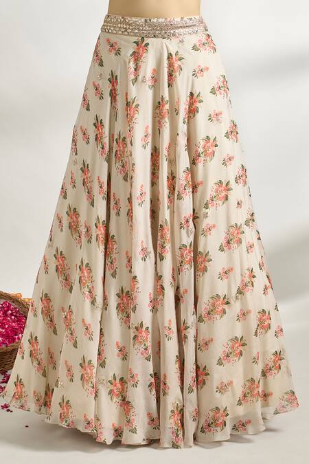 Gopi Vaid_Ivory Cotton, Silk, Net Embroidery, Gota Patti Plunge Floral Pattern Lehenga Set _at_Aza_Fashions