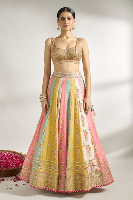 Gopi Vaid Multi Color Cotton, Silk, Net Embroidery, Floral Print Panelled Lehenga Set Online at Aza Fashions Gopi Vaid_Multi Color Cotton, Silk, Net Embroidery, Floral Print Panelled Lehenga Set _Online_at_Aza_Fashions