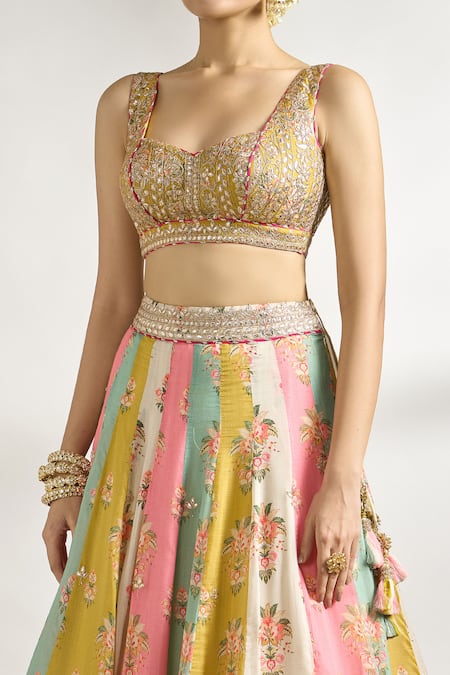 Buy Gopi Vaid Multi Color Cotton, Silk, Net Embroidery, Floral Print Panelled Lehenga Set Online at Aza Fashions Buy_Gopi Vaid_Multi Color Cotton, Silk, Net Embroidery, Floral Print Panelled Lehenga Set _Online_at_Aza_Fashions