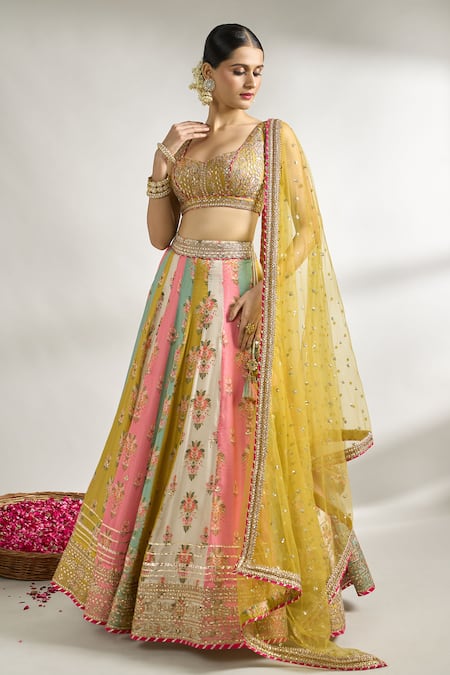 Shop Gopi Vaid Multi Color Cotton, Silk, Net Embroidery, Floral Print Panelled Lehenga Set Online at Aza Fashions Shop_Gopi Vaid_Multi Color Cotton, Silk, Net Embroidery, Floral Print Panelled Lehenga Set _Online_at_Aza_Fashions
