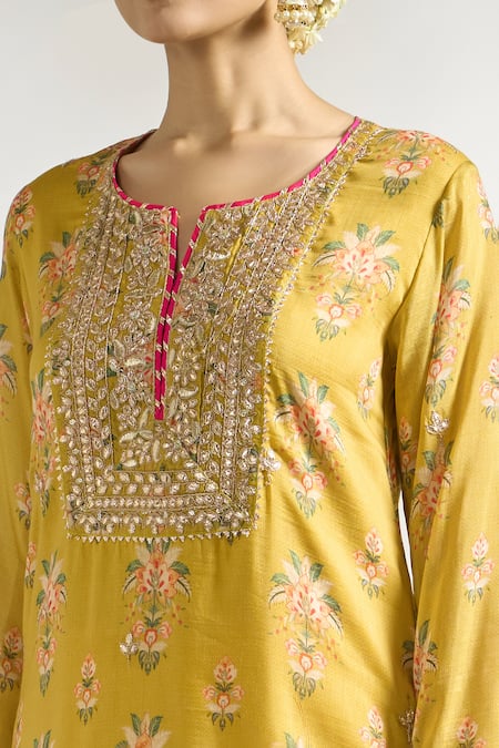Buy_Gopi Vaid_Yellow Cotton, Silk Embroidery Split V-neck Floral Print Tunic _Online_at_Aza_Fashions