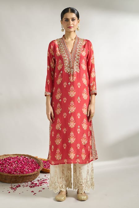 Gopi Vaid_Red Cotton, Silk Embroidery V-neck Floral Print Tunic _Online_at_Aza_Fashions