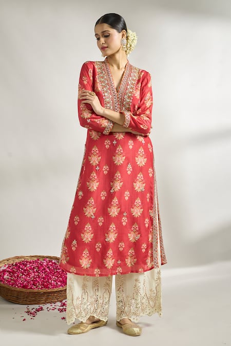 Buy_Gopi Vaid_Red Cotton, Silk Embroidery V-neck Floral Print Tunic _Online_at_Aza_Fashions