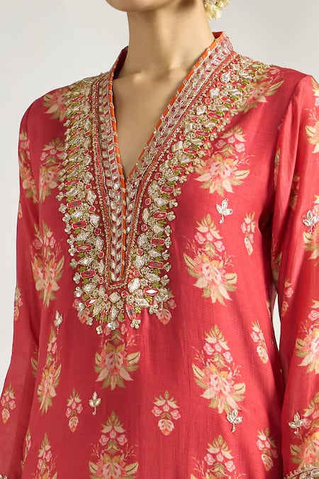 Shop_Gopi Vaid_Red Cotton, Silk Embroidery V-neck Floral Print Tunic _Online_at_Aza_Fashions