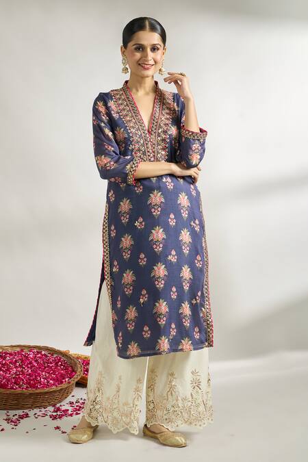 Gopi Vaid Blue Cotton, Silk Embroidery V-neck Flower Print Tunic Online at Aza Fashions Gopi Vaid_Blue Cotton, Silk Embroidery V-neck Flower Print Tunic _Online_at_Aza_Fashions