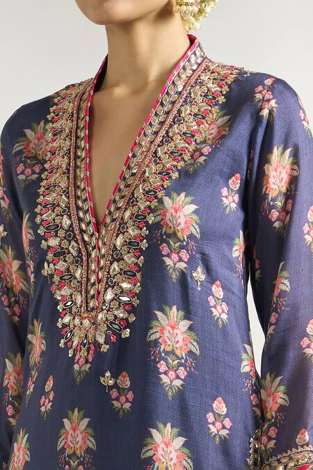 Buy Gopi Vaid Blue Cotton, Silk Embroidery V-neck Flower Print Tunic Online at Aza Fashions Buy_Gopi Vaid_Blue Cotton, Silk Embroidery V-neck Flower Print Tunic _Online_at_Aza_Fashions