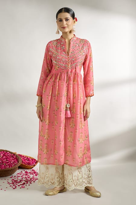 Gopi Vaid Pink Cotton Silk Printed Floral Band Collar Gathered Tunic 