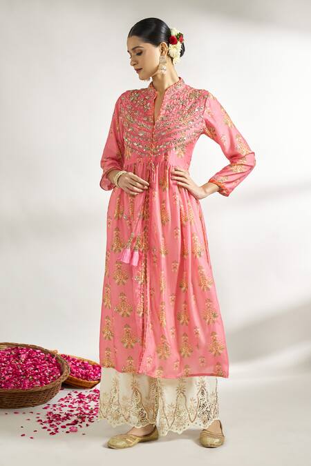 Gopi Vaid_Pink Cotton, Silk Embroidery Bandeau Neck Floral Print Gathered Tunic _Online_at_Aza_Fashions