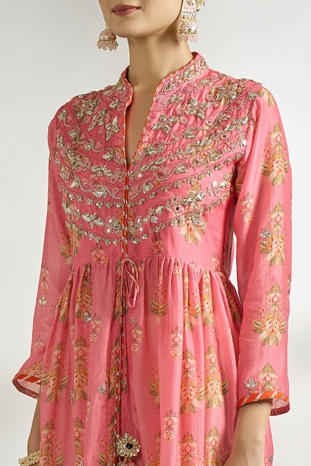 Buy_Gopi Vaid_Pink Cotton, Silk Embroidery Bandeau Neck Floral Print Gathered Tunic _Online_at_Aza_Fashions