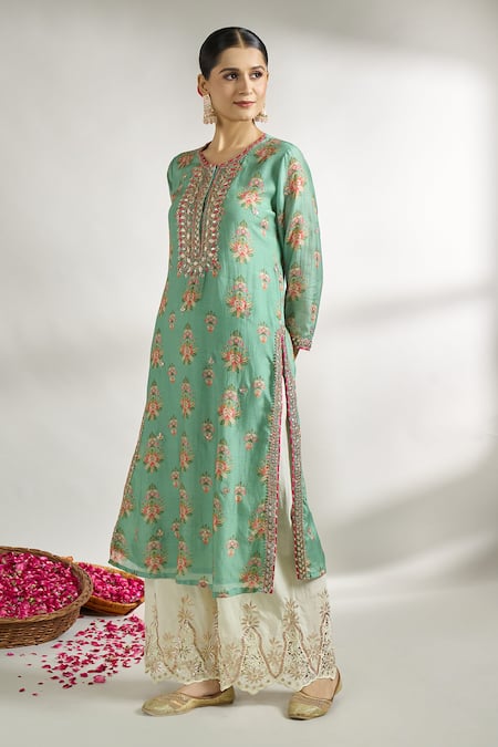Gopi Vaid_Green Cotton, Silk Embroidery Round Neck Printed Straight Tunic _Online_at_Aza_Fashions