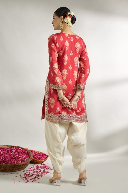 Shop_Gopi Vaid_Red , Satin, Net Sequins, Lace, Floral Print Kurta Dhoti Pant Set _at_Aza_Fashions