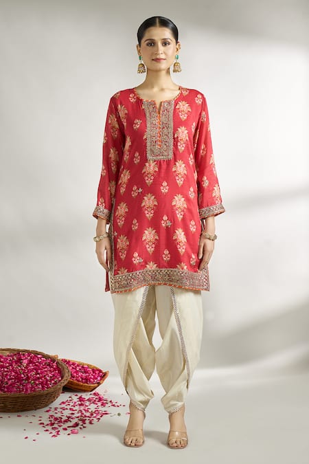 Gopi Vaid_Red , Satin, Net Sequins, Lace, Floral Print Kurta Dhoti Pant Set _Online_at_Aza_Fashions