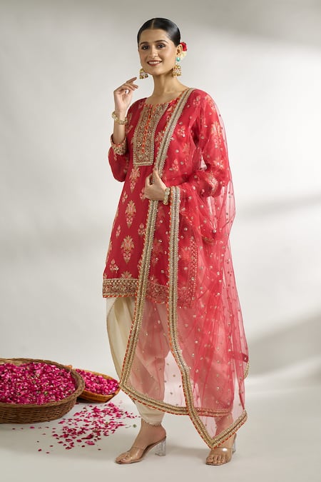 Buy_Gopi Vaid_Red , Satin, Net Sequins, Lace, Floral Print Kurta Dhoti Pant Set _Online_at_Aza_Fashions