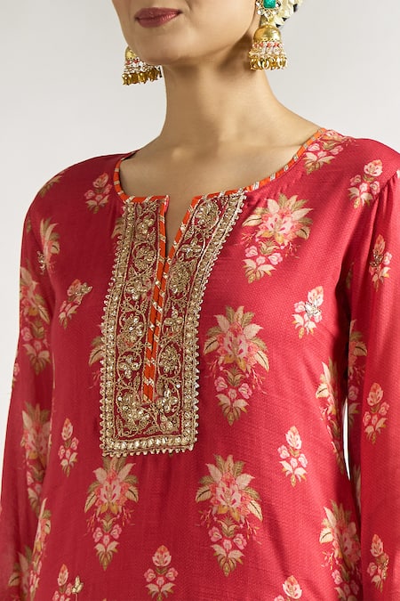 Shop_Gopi Vaid_Red , Satin, Net Sequins, Lace, Floral Print Kurta Dhoti Pant Set _Online_at_Aza_Fashions