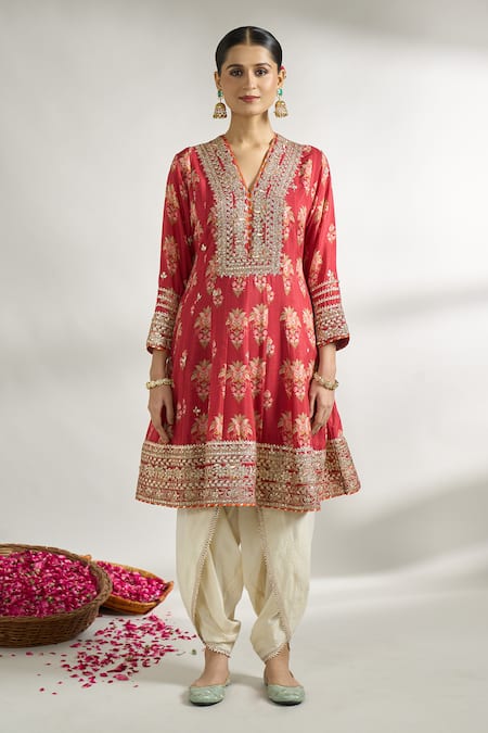 Gopi Vaid_Red , Silk, Satin, Net Floral Print Short Anarkali Dhoti Pant Set _Online_at_Aza_Fashions